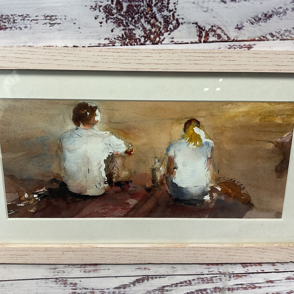 Rose Sinatra 2 People Sitting Backs Turned Watercolor Painting Artwork Signed