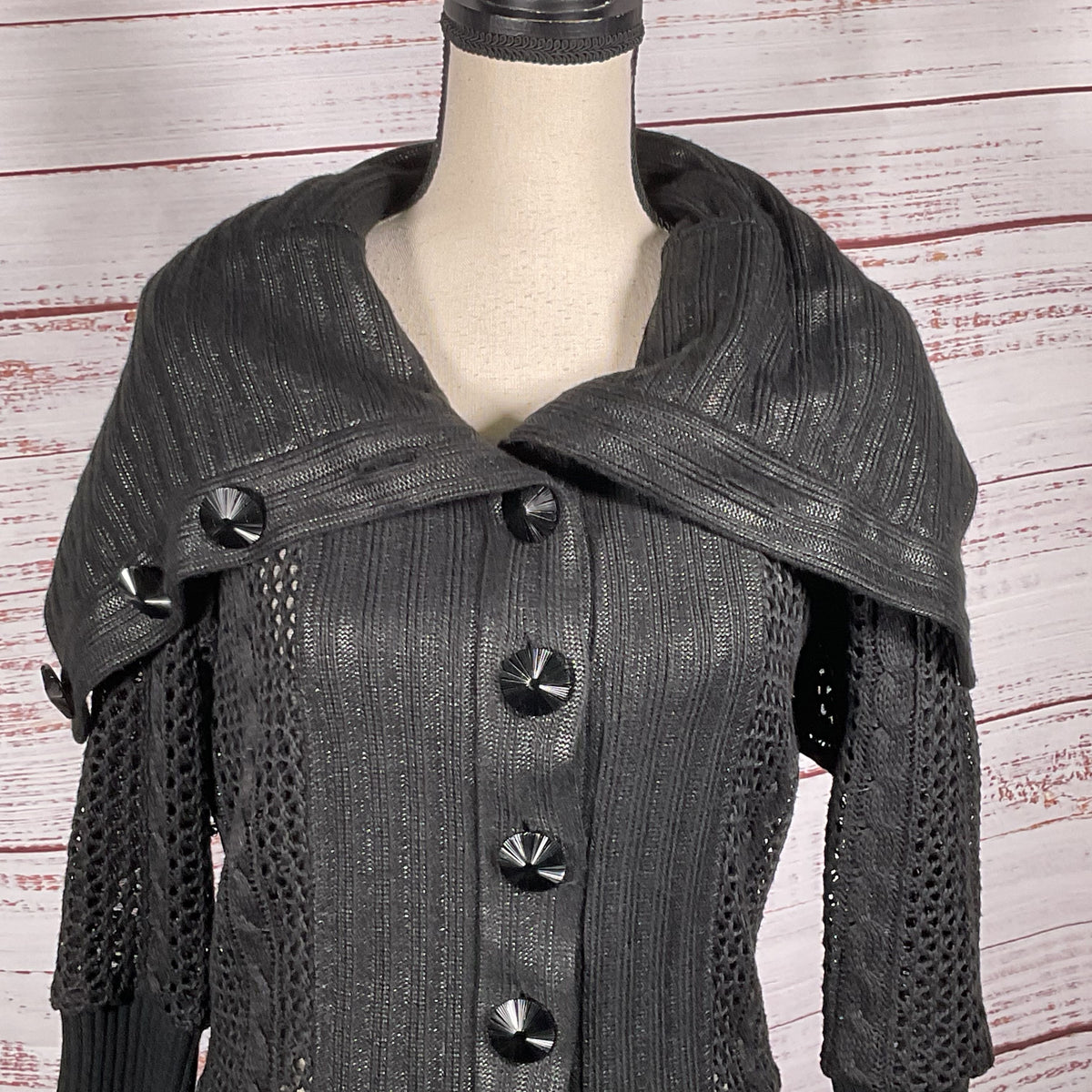 BYRON LARS Beauty Mark Women's Black Cable & Crochet Cardigan Sweater- SZ 8