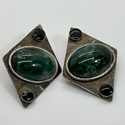 VTG. KATE HINES Silver Tone Green Stone Clip On Earrings- 2"