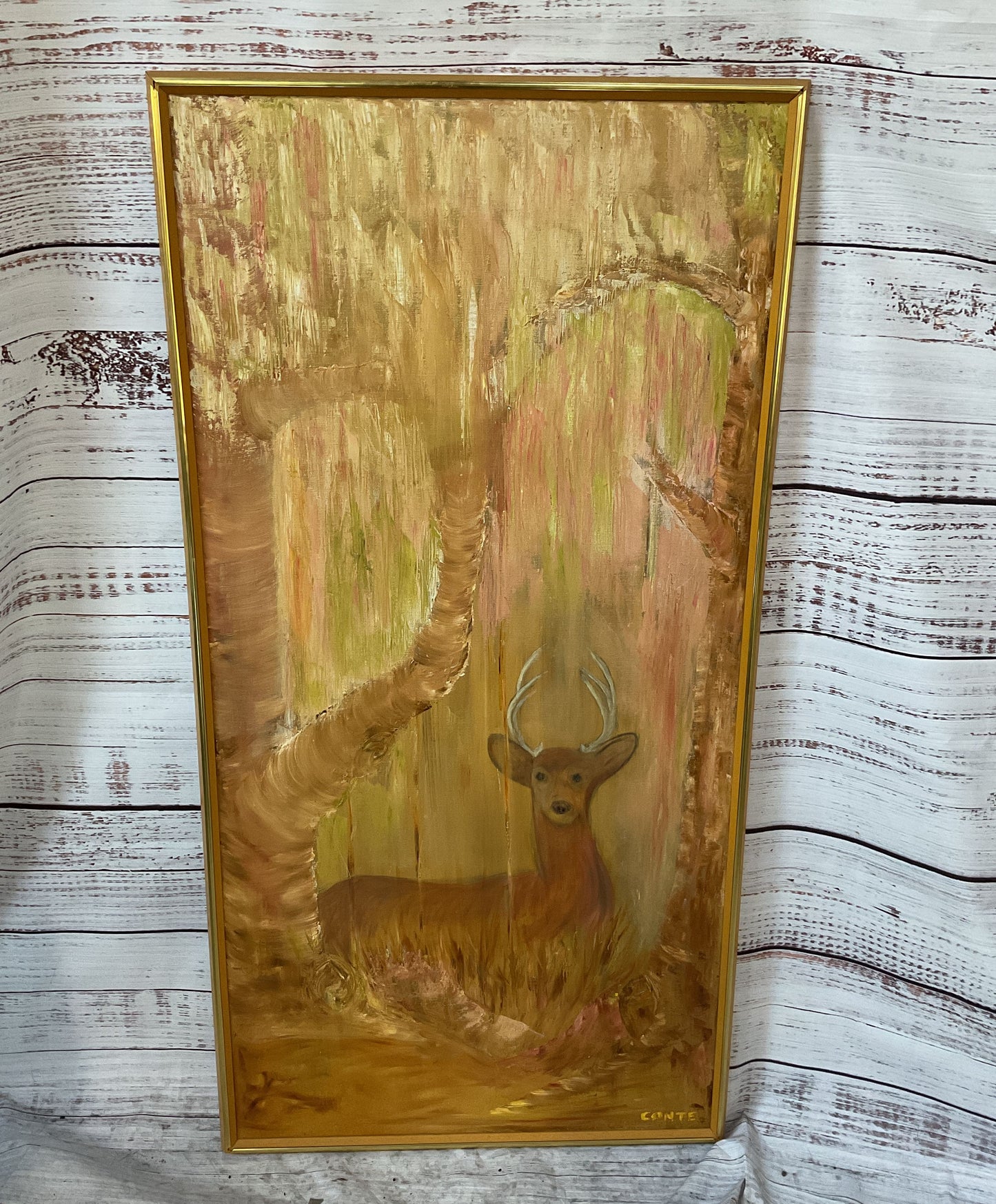 Vintage MCM Deer in Golden Forest Painting Signed by Conte