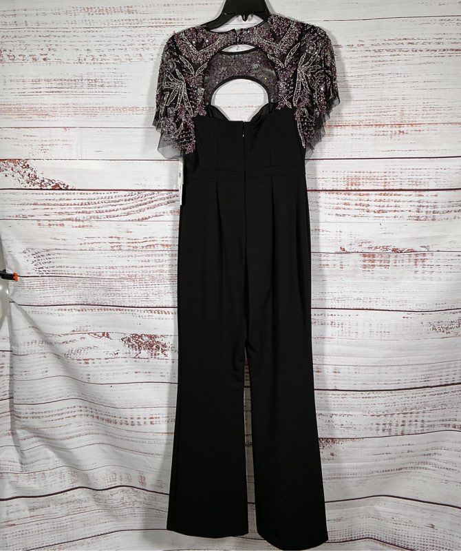 NWT Aidan Mattox Black Jumpsuit with Beaded Yoke Size 0 Retail $365