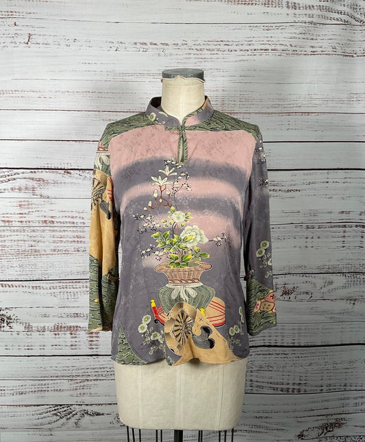 Cute Citron 100% Silk Mandarin Collar Eclectic Floral Long Sleeve-Size Medium