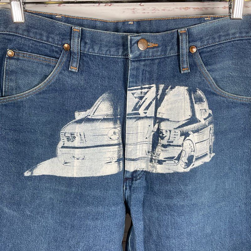 VTG Wrangler Custom Screenprint White Mercedes Car Graphic Jeans Men Size 36x34