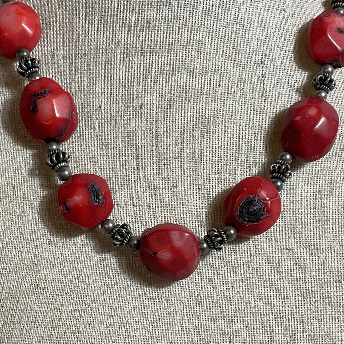 Sterling Silver Beaded Bold Chunky Red Coral Necklace- 24"