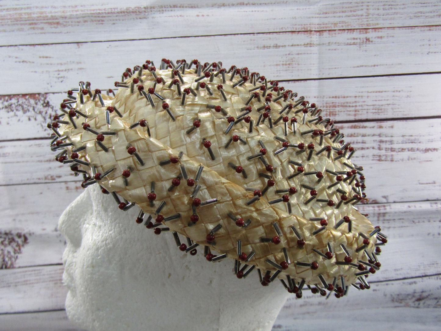 1950's Gertrude Sheedy for Pinehurst Women's Woven Beaded Straw Hat