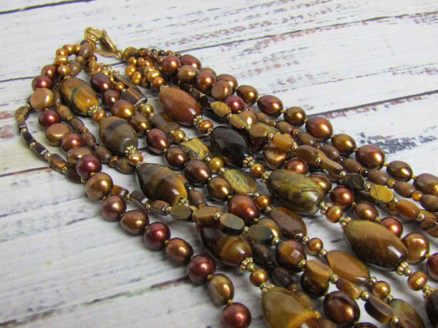Coldwater Creek Multi-Strand Freshwater Pearl Tiger's Eye Beaded Necklace