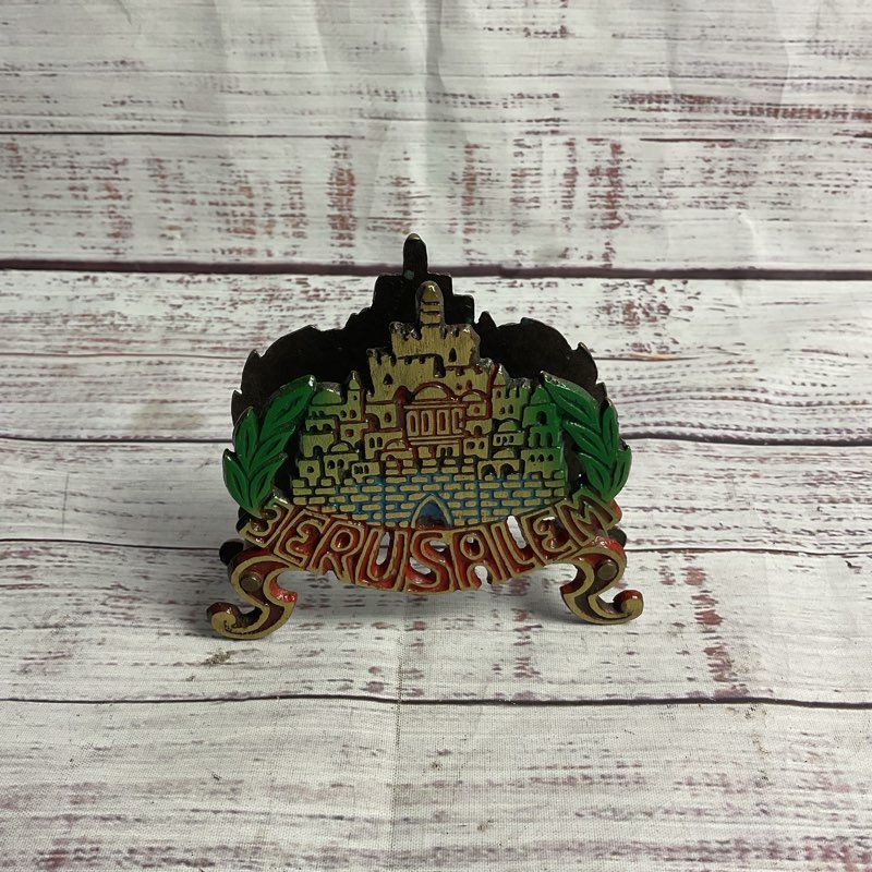 Vintage 4" Painted Brass Jerusalem Napkin Holder