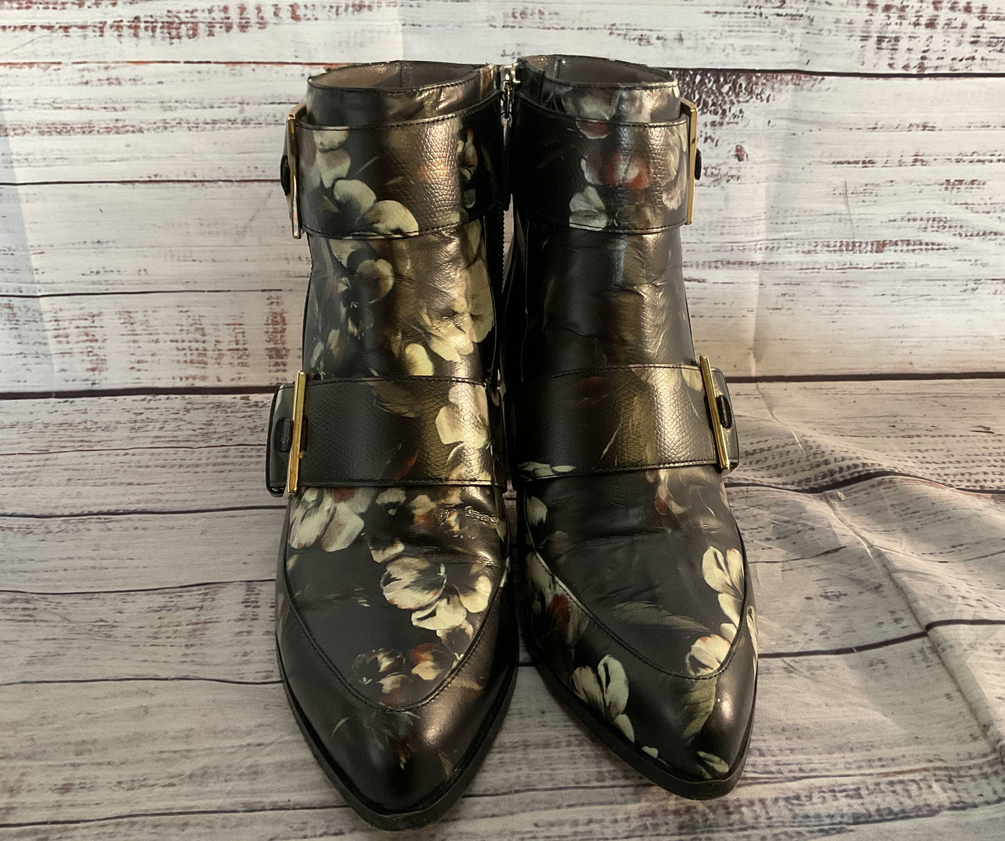 Jason Wu Floral Print Leather Buckle Ankle Booties Black 36