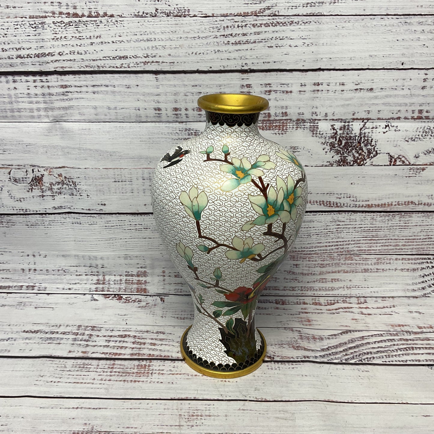 Cloisonne Floral Bird Design White Enamel Brass Vase 10.5"