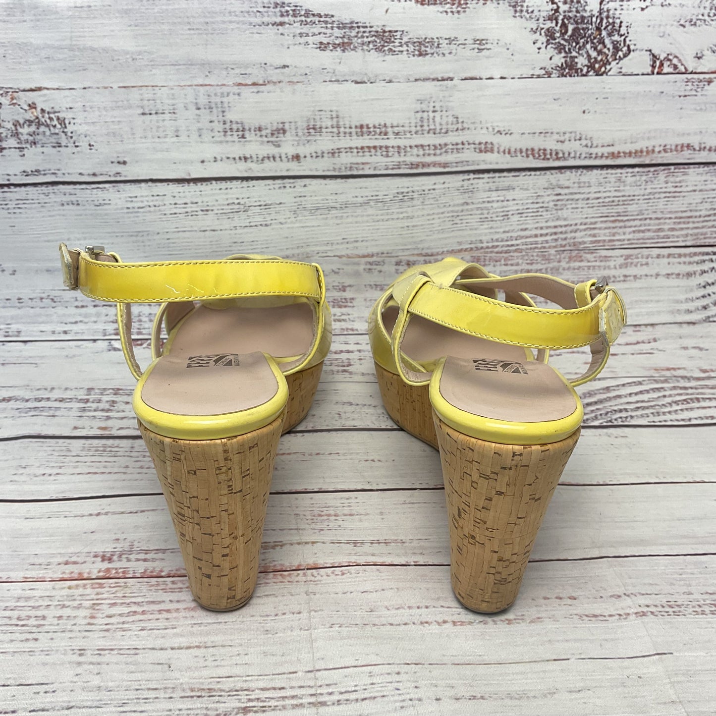 Ferragamo Yellow Patent Leather Peep Toe Wedge Heel Women Size 9.5