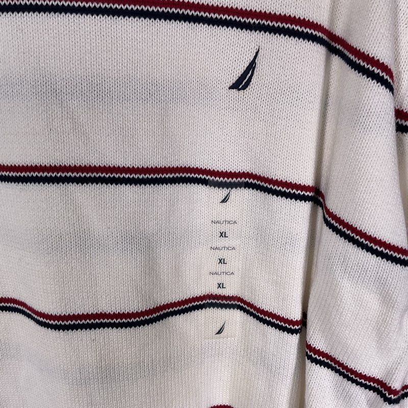 Nautica 100% Cotton Blue & Red Striped White Knit Crewneck Sweater - Size XL