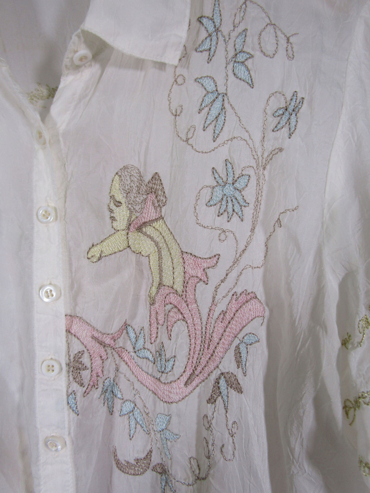 Vintage Johnny Was Angel Women's White Cherub Motif Long Sleeve Blouse Size M
