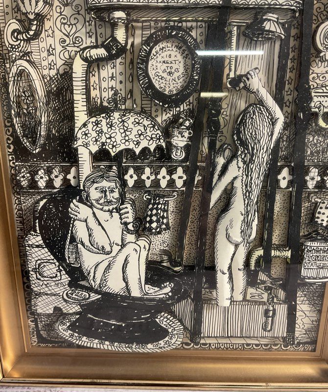 Vintage Black & White 3D Art Print of a Couple in the Shower Gold Frame 11"X 9"