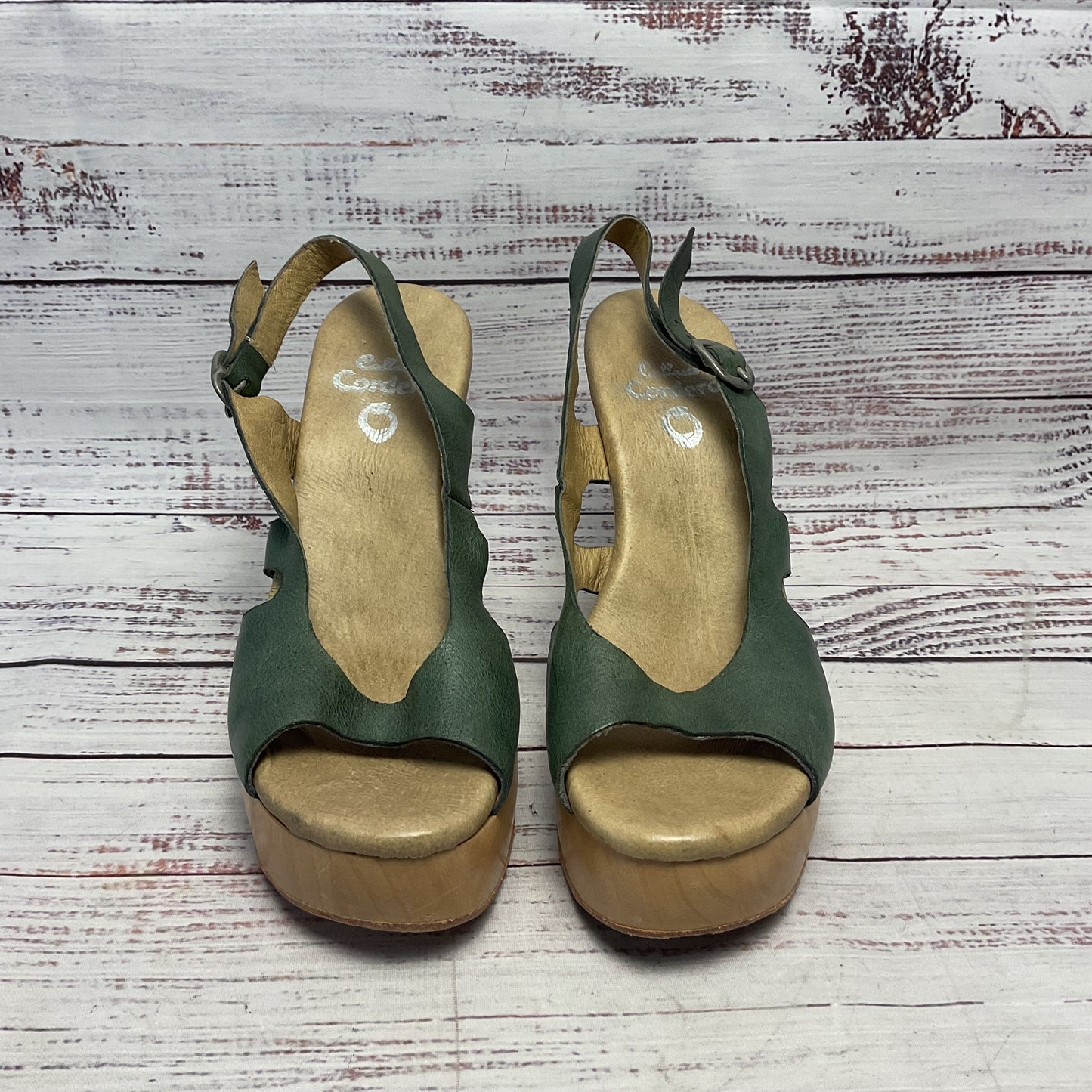 Colleen Cordero Green Leather Wooden Clog Platform Heel Women Size 7