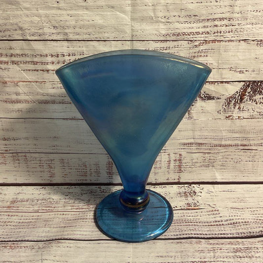VTG. Fenton Sapphire Blue Carnival Glass 8" Iridescent Fan Vase Mma