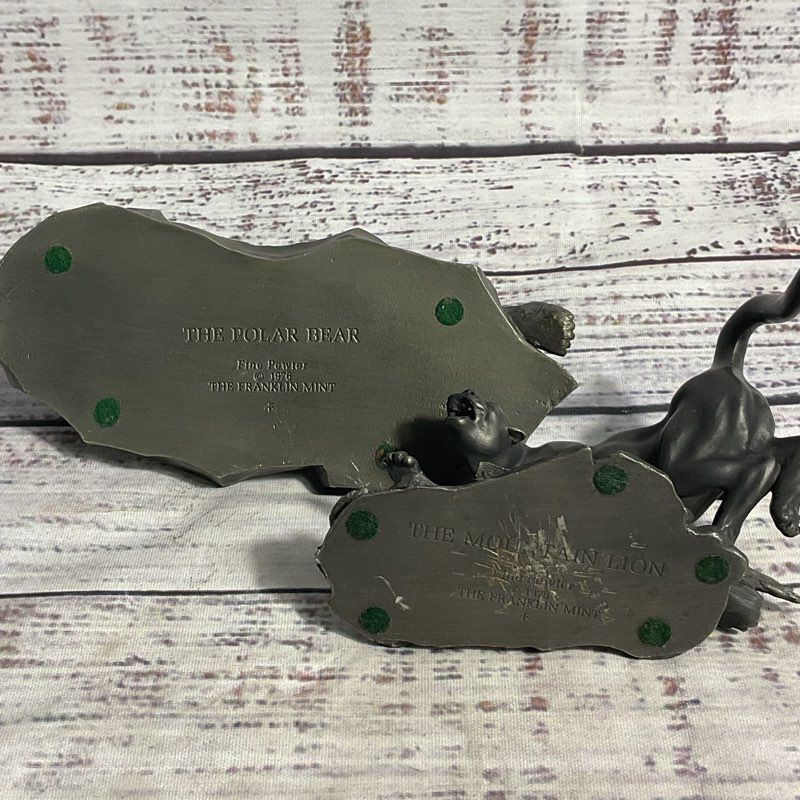 Set Of 2 VTG The Franklin Mint Pewter Animal Figurines Polar Bear, Mountain Lion