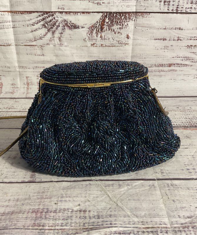 Vintage La Regale Metallic Beaded Dark Blue Clutch Bag Gold Tone Strap