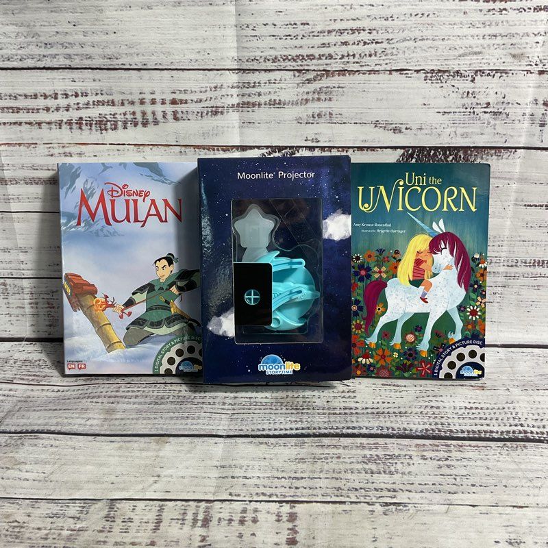 Moonlite Storytime App Compatible Mini Projector w/ Mulan, Uni The Unicorn Reels