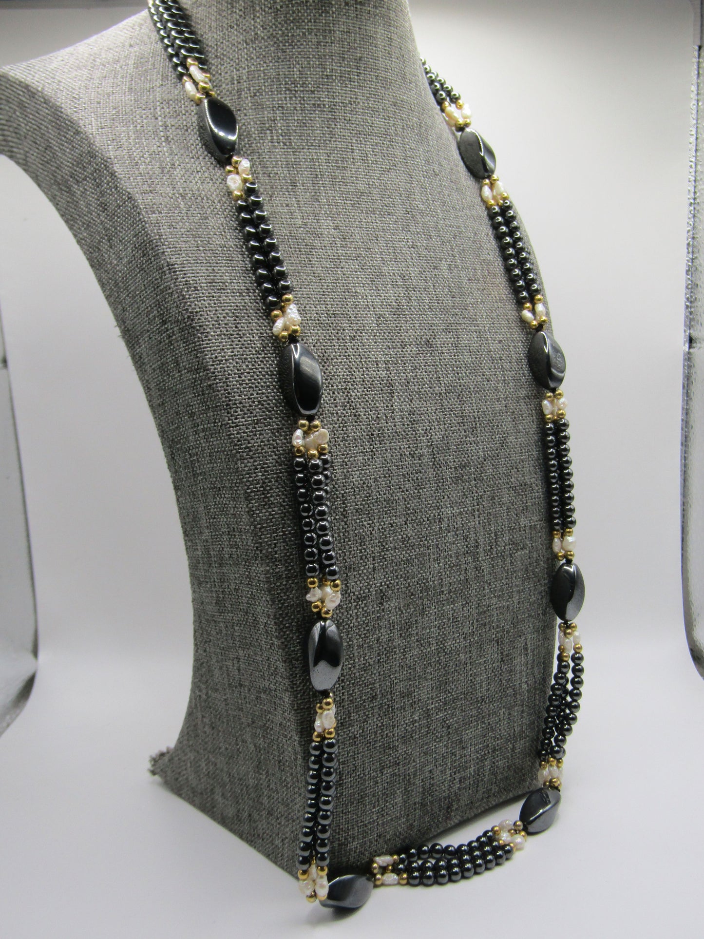 Beaded Hematite Rice Pearl Necklace