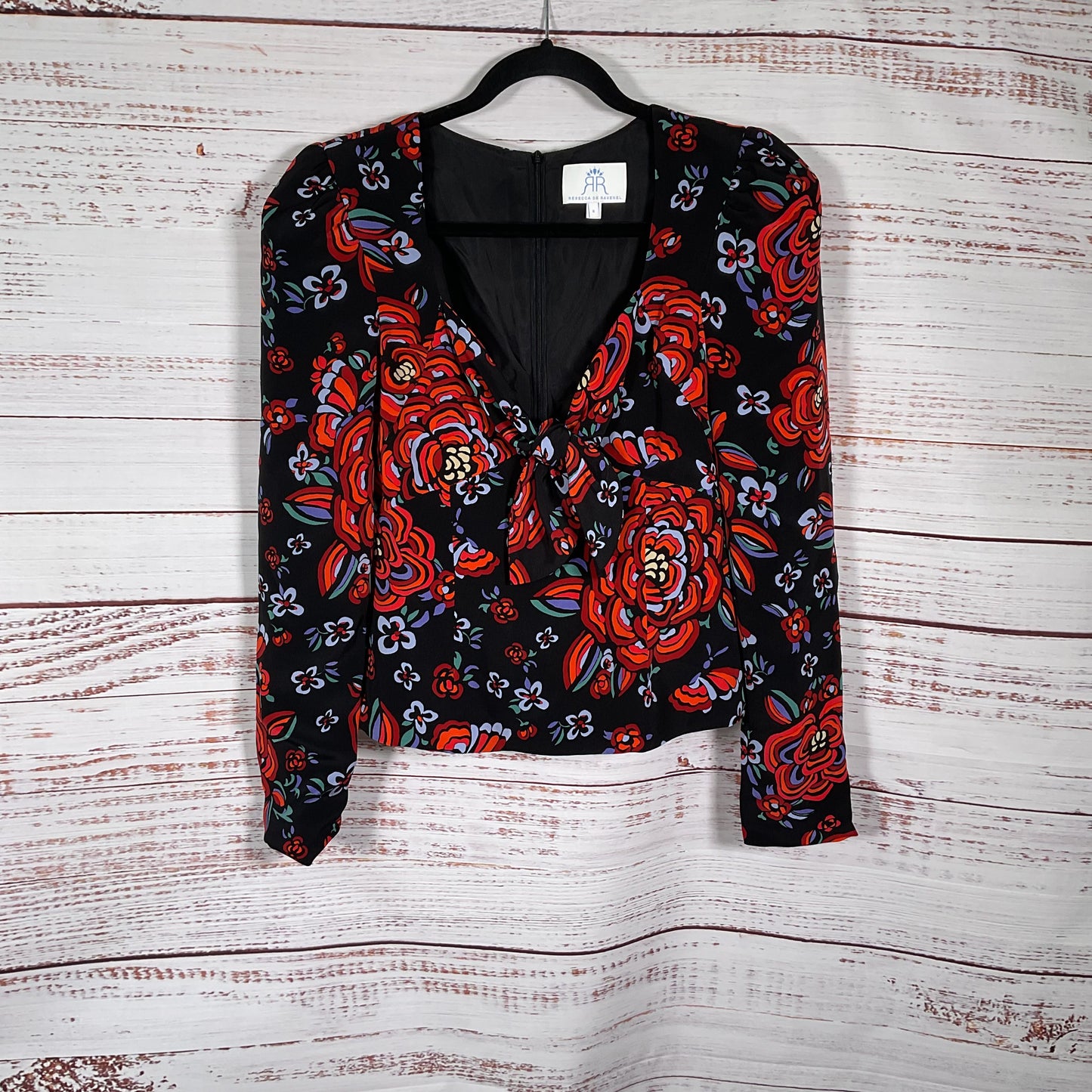 Rebecca De Ravenel Floral Silk Long Sleeve Front Tie Blouse - Size 6