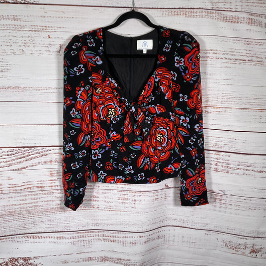 Rebecca De Ravenel Floral Silk Long Sleeve Front Tie Blouse - Size 6