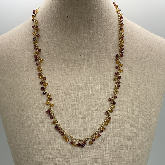 585 14K Yellow Gold Garnet & Citrine Dangle Beads 21" Chain Necklace- 11.97g