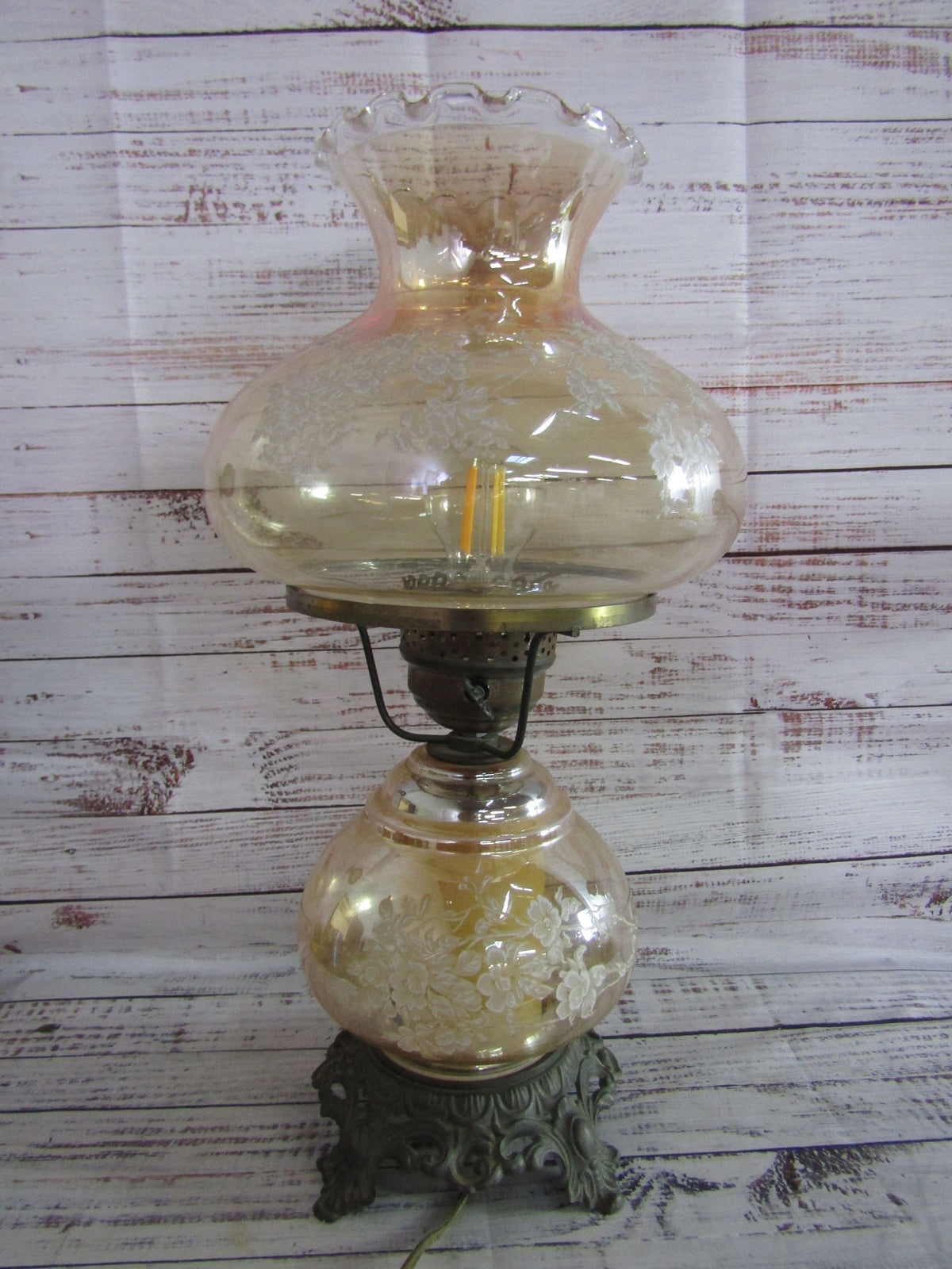 Antique Repurposed Ornate Floral Etched Hurricane Lamp
