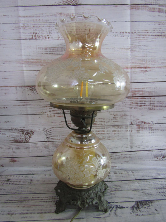 Antique Repurposed Ornate Floral Etched Hurricane Lamp