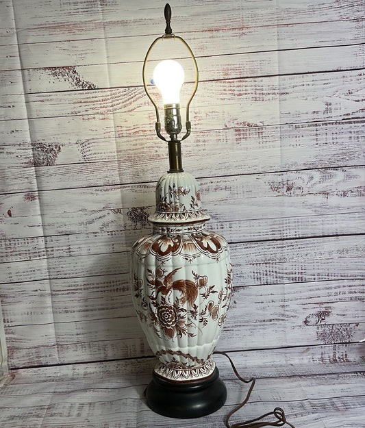 ANTIQUE Japanese Ginger Jar Hand Painted Brown Crane & Floral Lamp- 31"