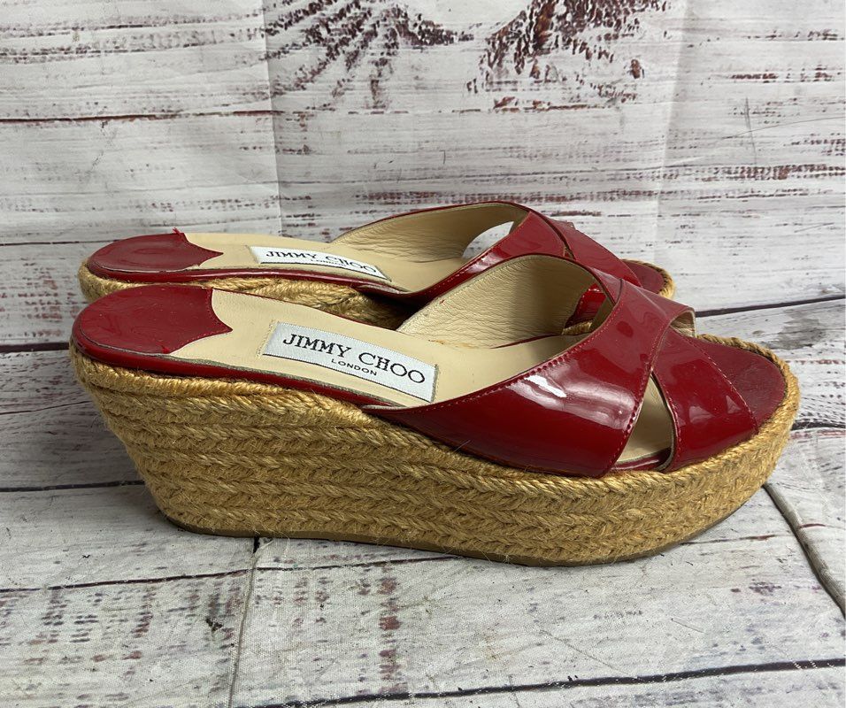 Jimmy Choo Paisley Patent Leather Espadrille Wedges Red 36
