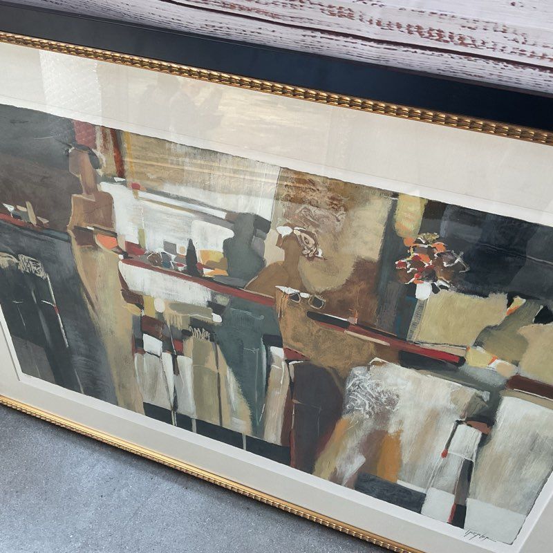 Yuri Tremler Ladies Standing at a Bar Textured Serigraph Print 49" Framed