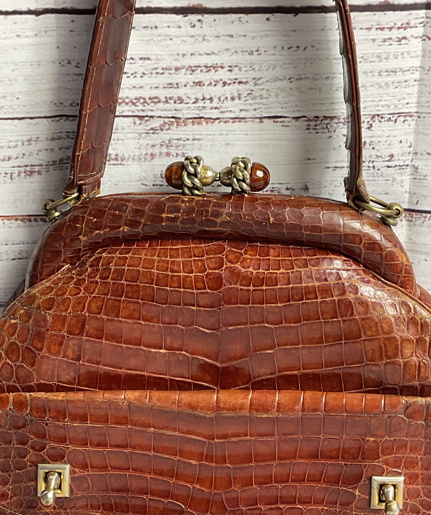 Vintage Leather Reptile Embossed Top Handle Bag Brown