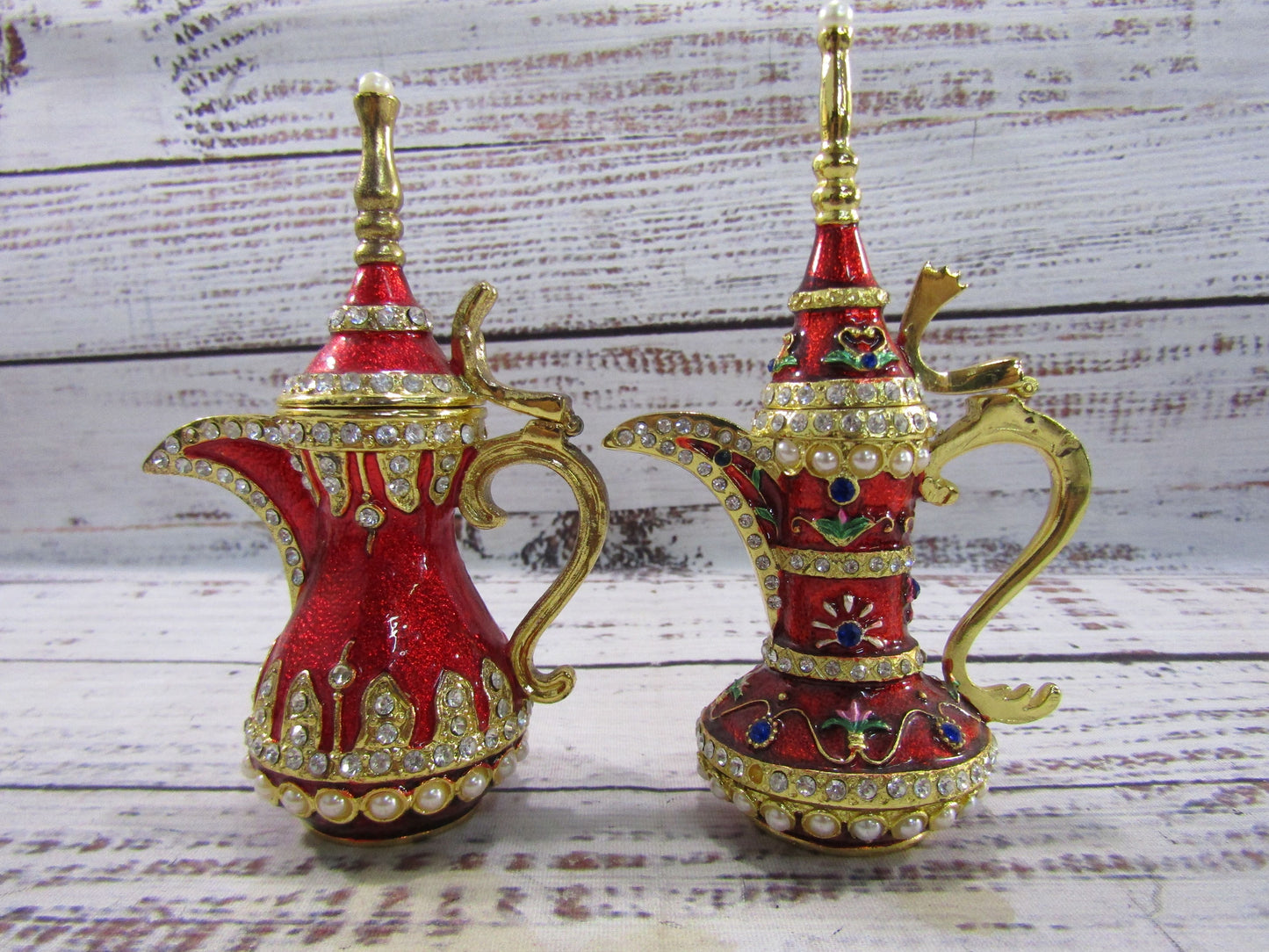 Ornate Gold Plated Red Enamel Dallah Ibrik Trinket Box Set of 2