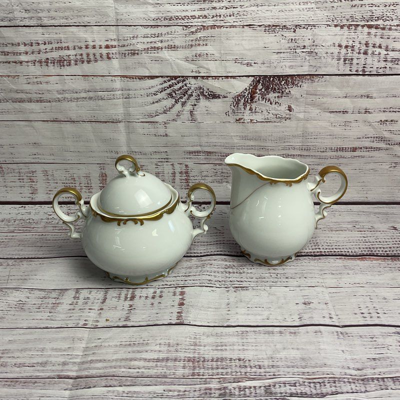 Mikasa Venice 9266 White/Gold Trim Creamer & Lidded Sugar 2 Pc. Fine China Set