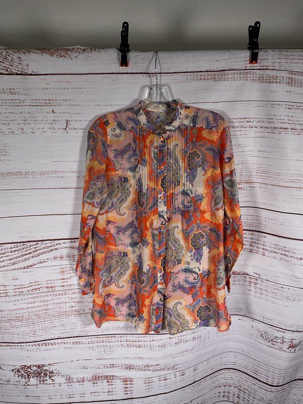 ETRO Women's Multicolor Paisley Pattern Orange Button Up Blouse Silk Size 40
