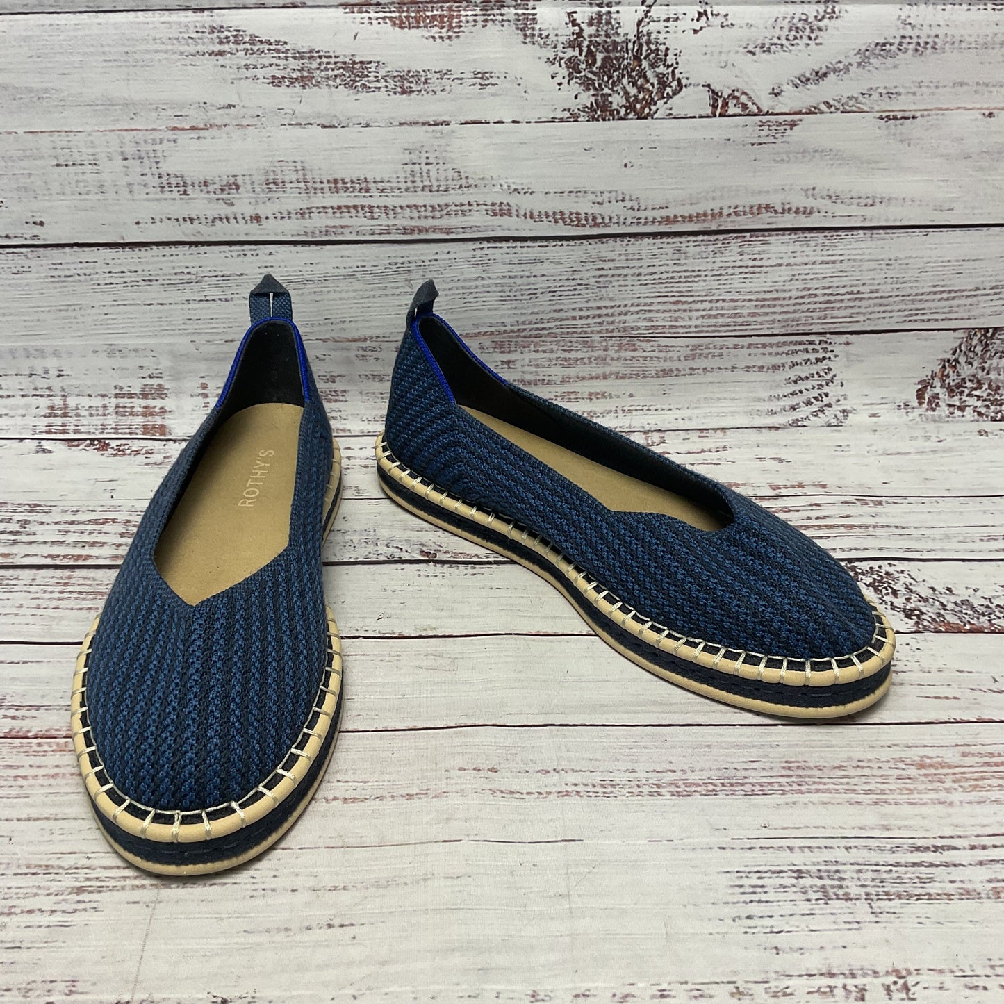 Rothy’s Boardwalk Blue Black Stripe Knit Espadrille Fats Loafers Shoe Women Sz 8
