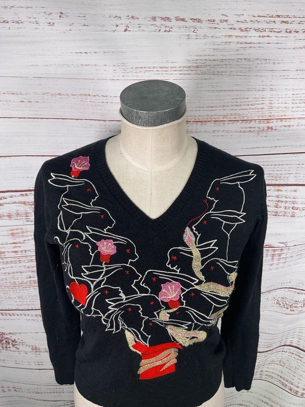 Mala Brajkovic Women's Rabbits out of the Hat Embroidered Wool Sweater Size 10