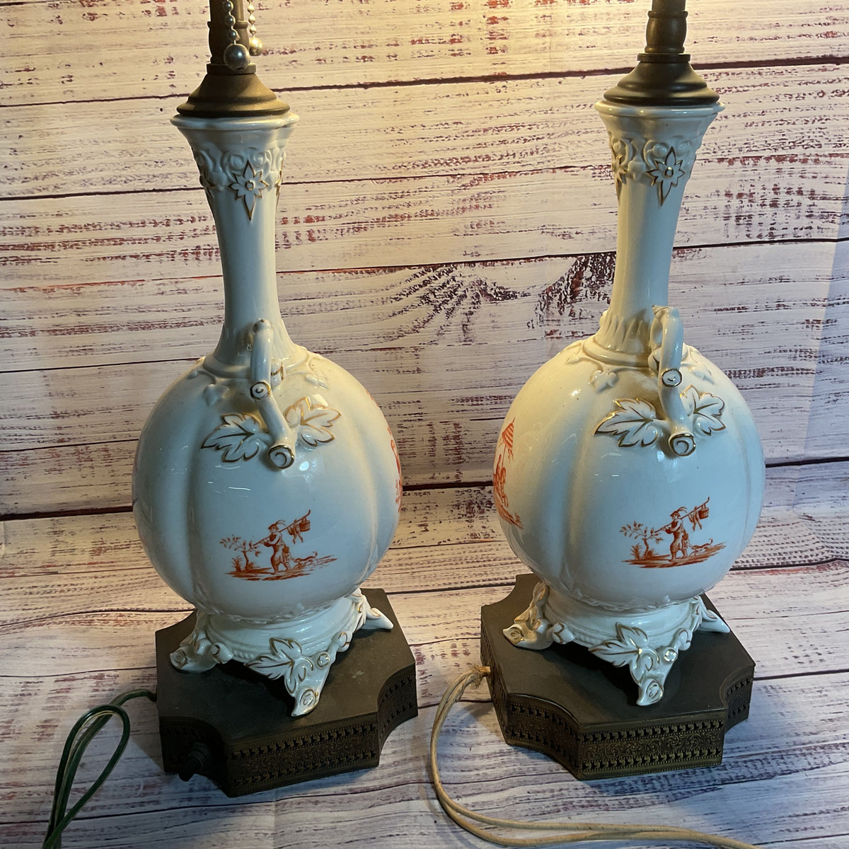 Pair of ANTIQUE French Hand Painted Porcelain Lamps- NO SHADES