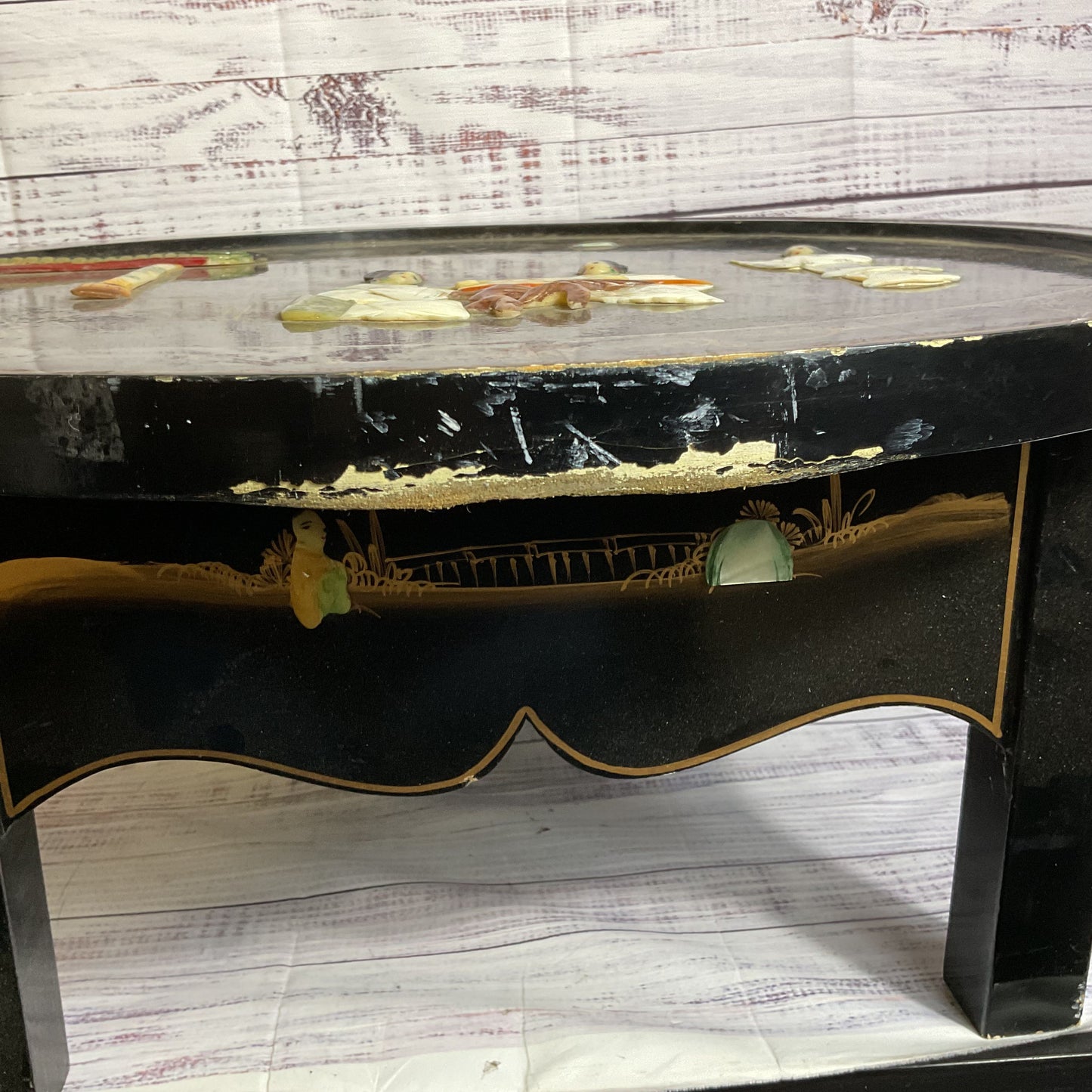 VTG./ANTIQUE Small Chinese Mother of Pearl Black Lacquer Table- 24x24x10