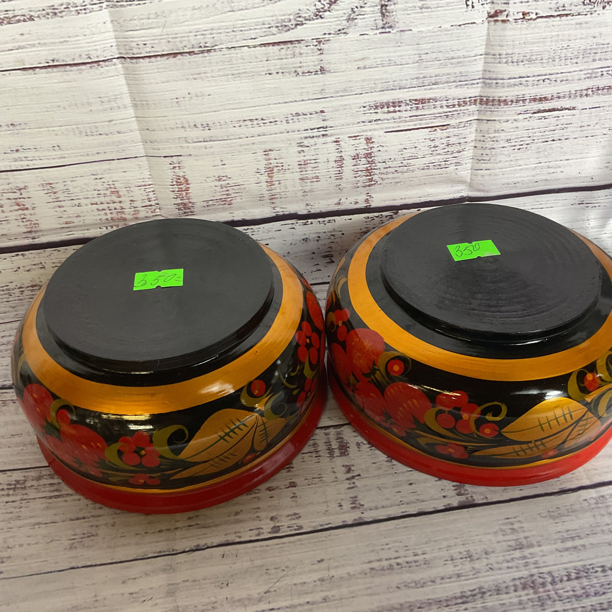 Set of 2 VTG. Russian USSR Khokhloma Folk Hand Painted Wooden Bowl 5.25”