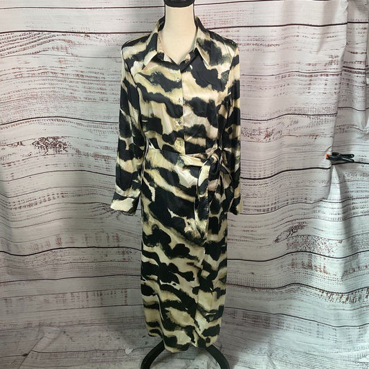 Mango MNG Black & Ivory Abstract Print Button Up Wrap Shirt Dress Size 6