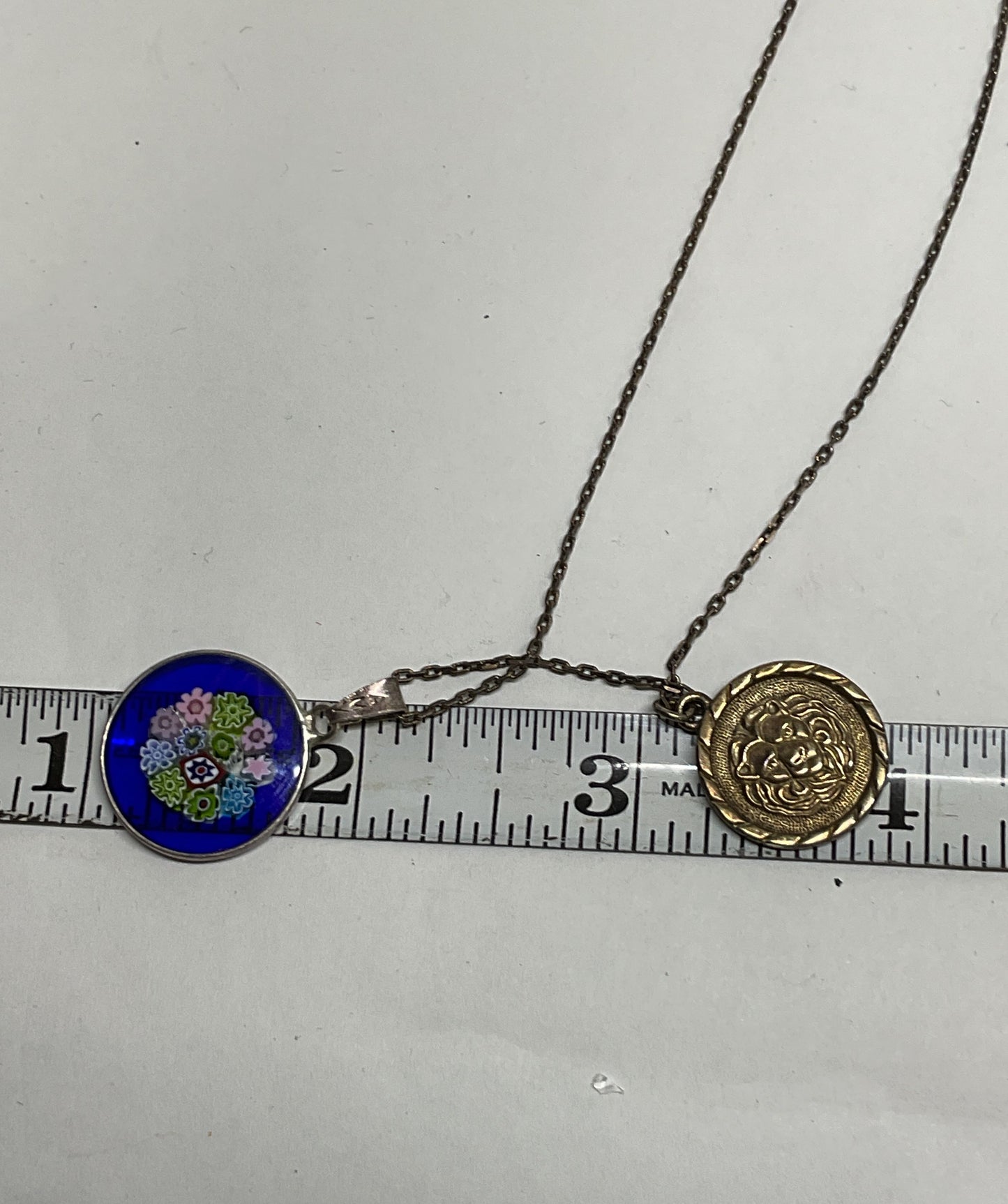 Sterling Silver Chain Necklace Multicolored Millefiori & Round Pendant