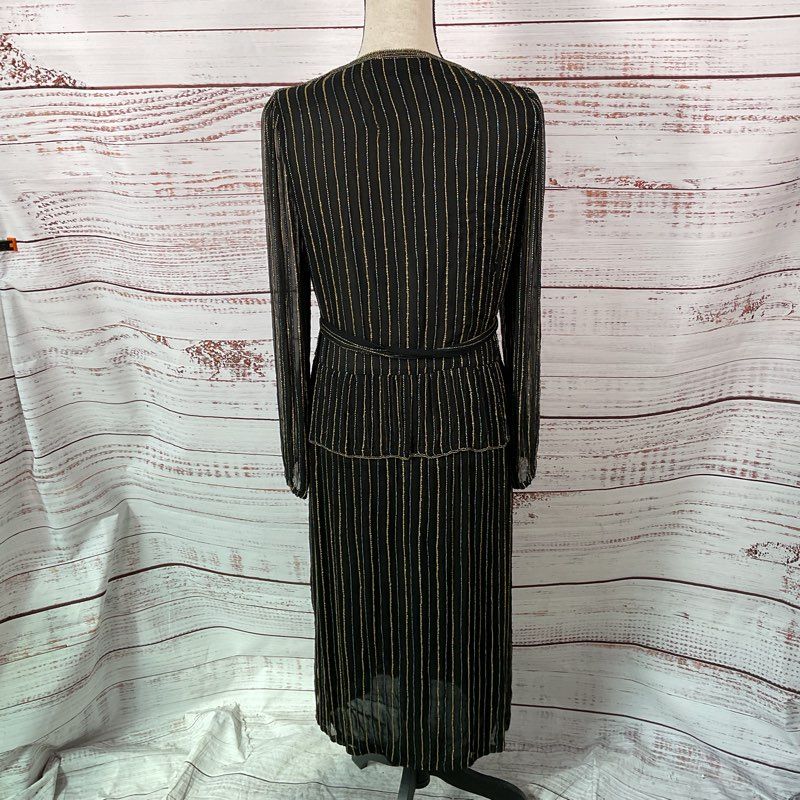 VTG. Judith Ann Creations Beaded Black Silk Belted Faux Wrap Dress - Size M