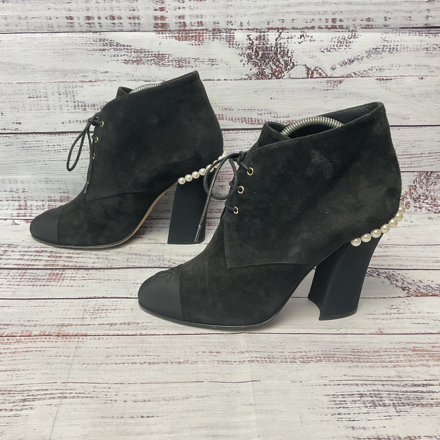 Chanel Black Suede Ankle Boot Heel Bootie Pearl Accent Women Size 6.5