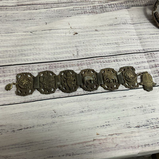VTG./ANTIQUE Silver Tone Egyptian Linked Bracelet Silver - 6.25"