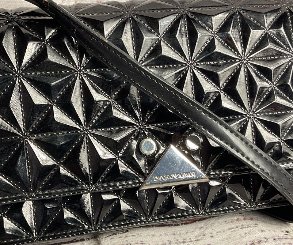 Emporio Armani Quilted Patent Leather Convertible Shoulder Bag Black