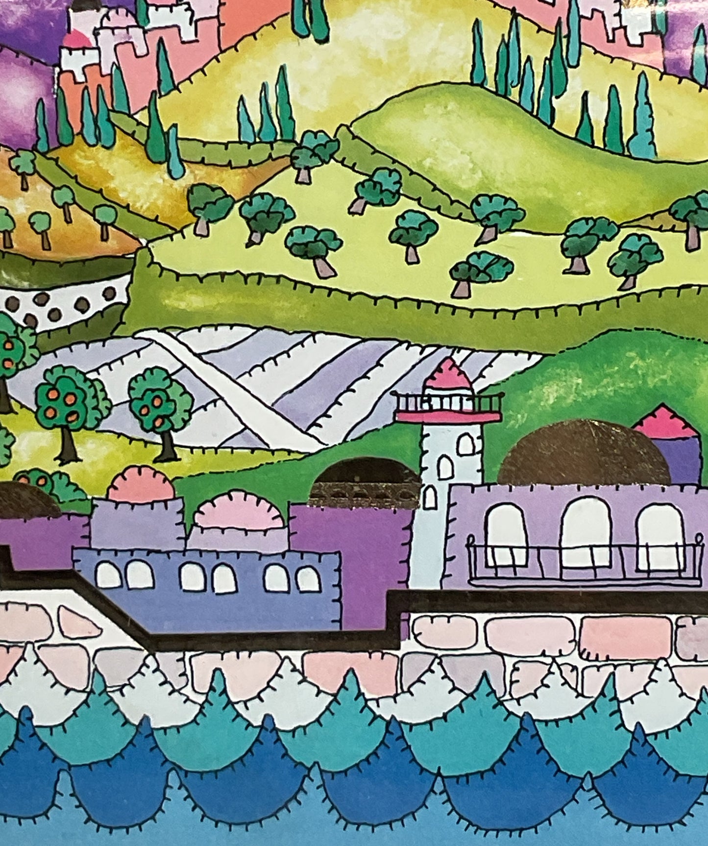 Cityscape of Jerusalem Drawing with Gold Leaf Signed Print