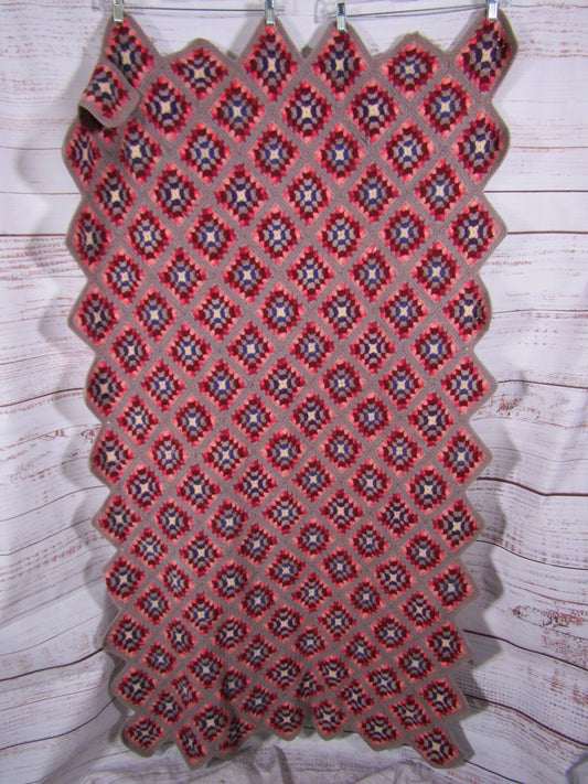 Vintage Hand Knit Crochet Wool Blend Multi-Color Geometric Throw Blanket