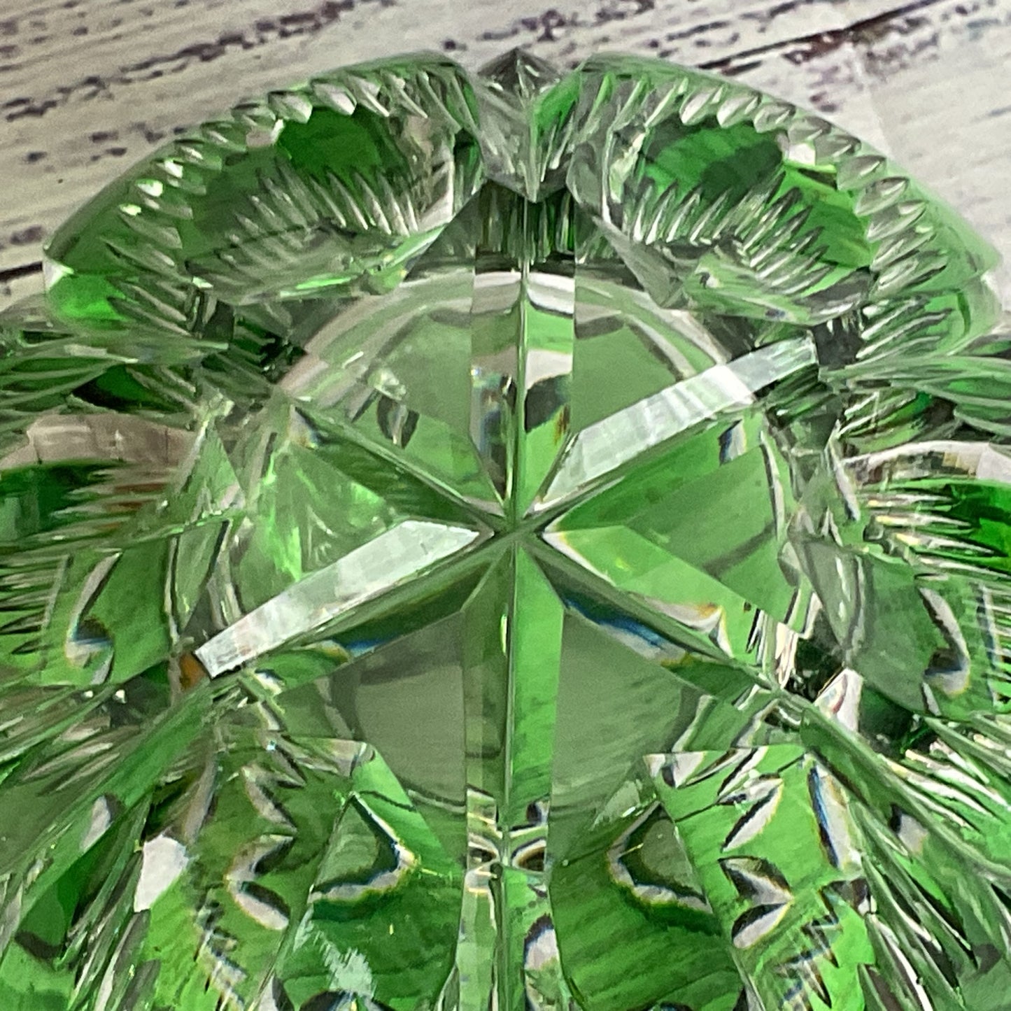 VTG. Bohemian Emerald Green Cut Crystal Round Vase- 4.5"