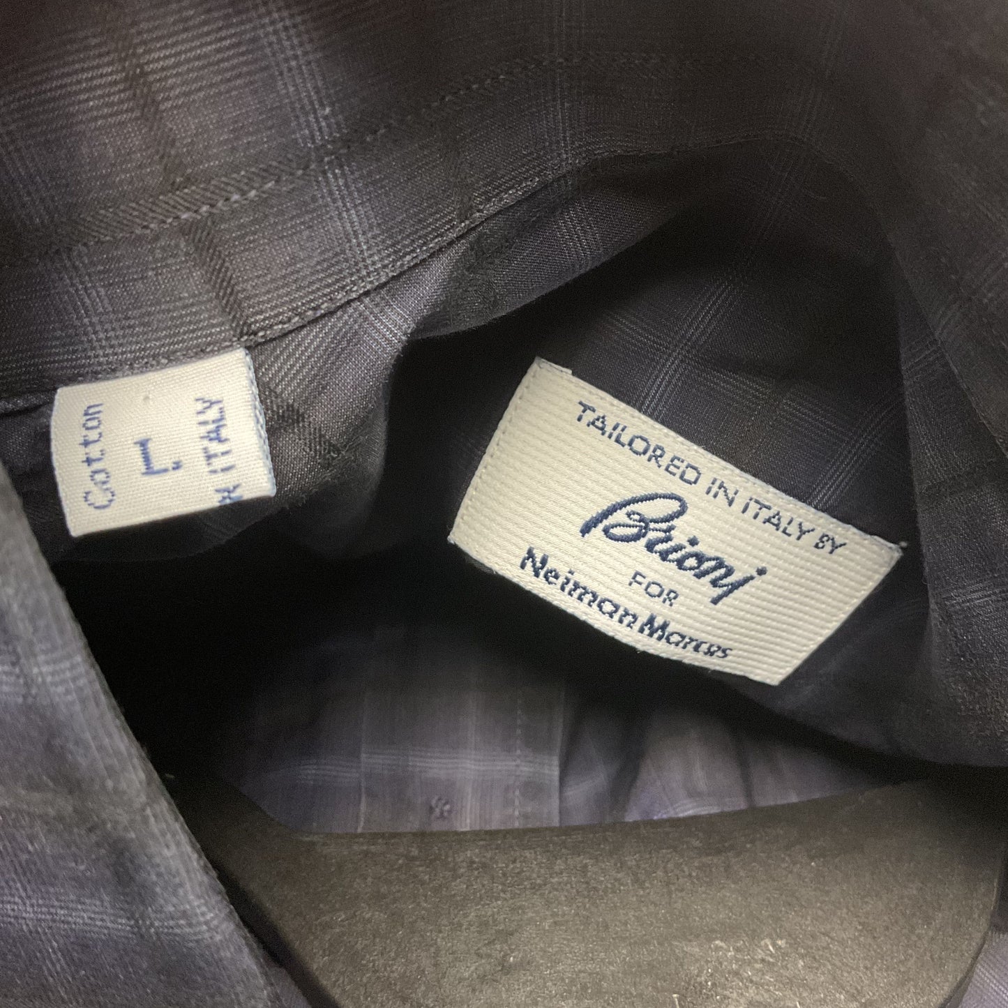 Brioni Neiman Markus Black Navy Blue Plaid Long Sleeve Button Up Dress Shirt L